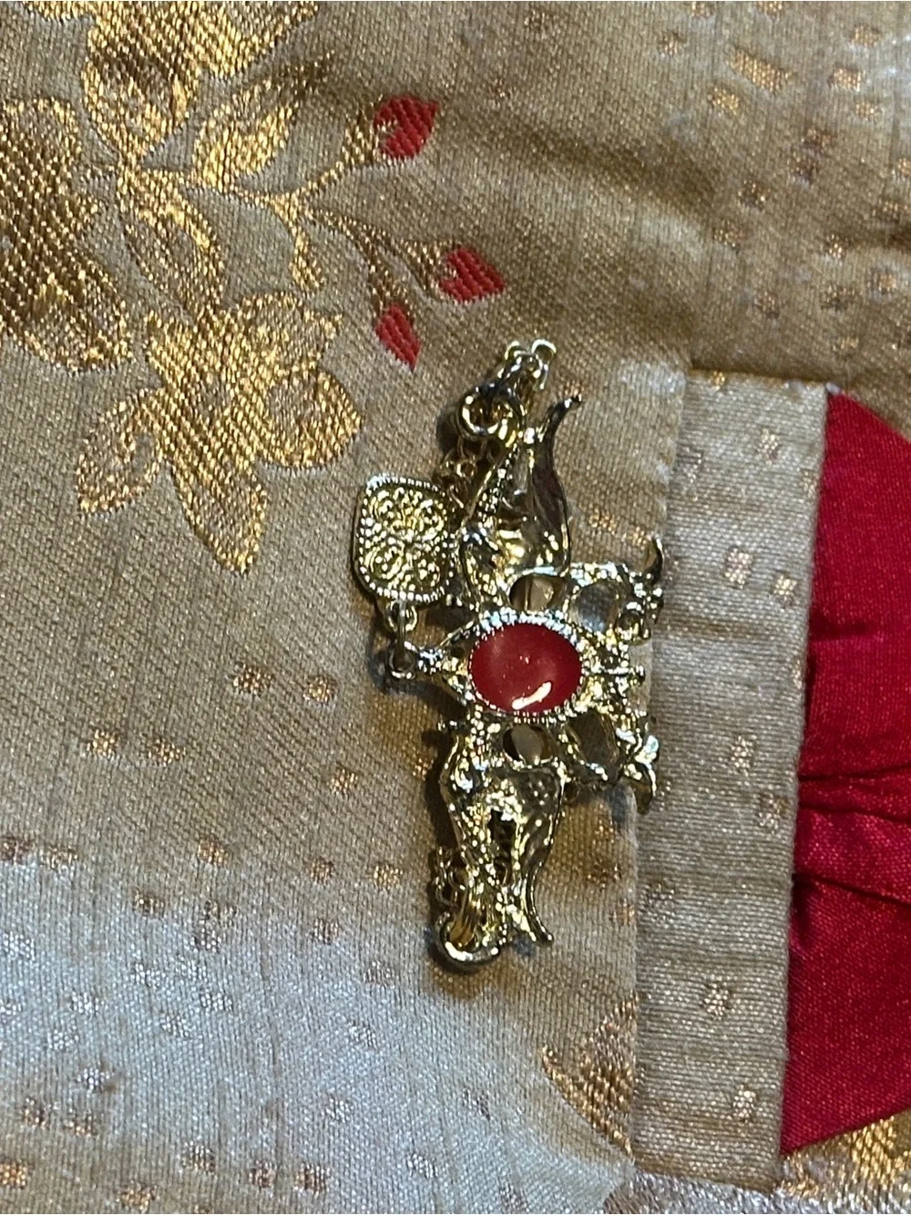 Embroidered Gold-Tone Brocade Jacket with Red Accents